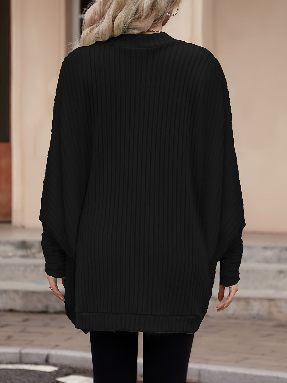 Cardigan with Rib Texture and Batwing Sleeves for Womens