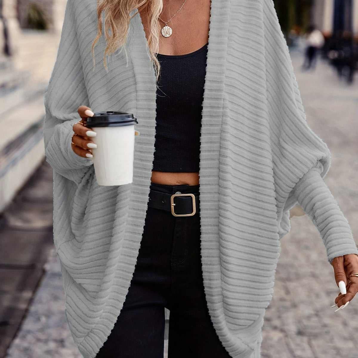 Cardigan with Rib Texture and Batwing Sleeves for Womens