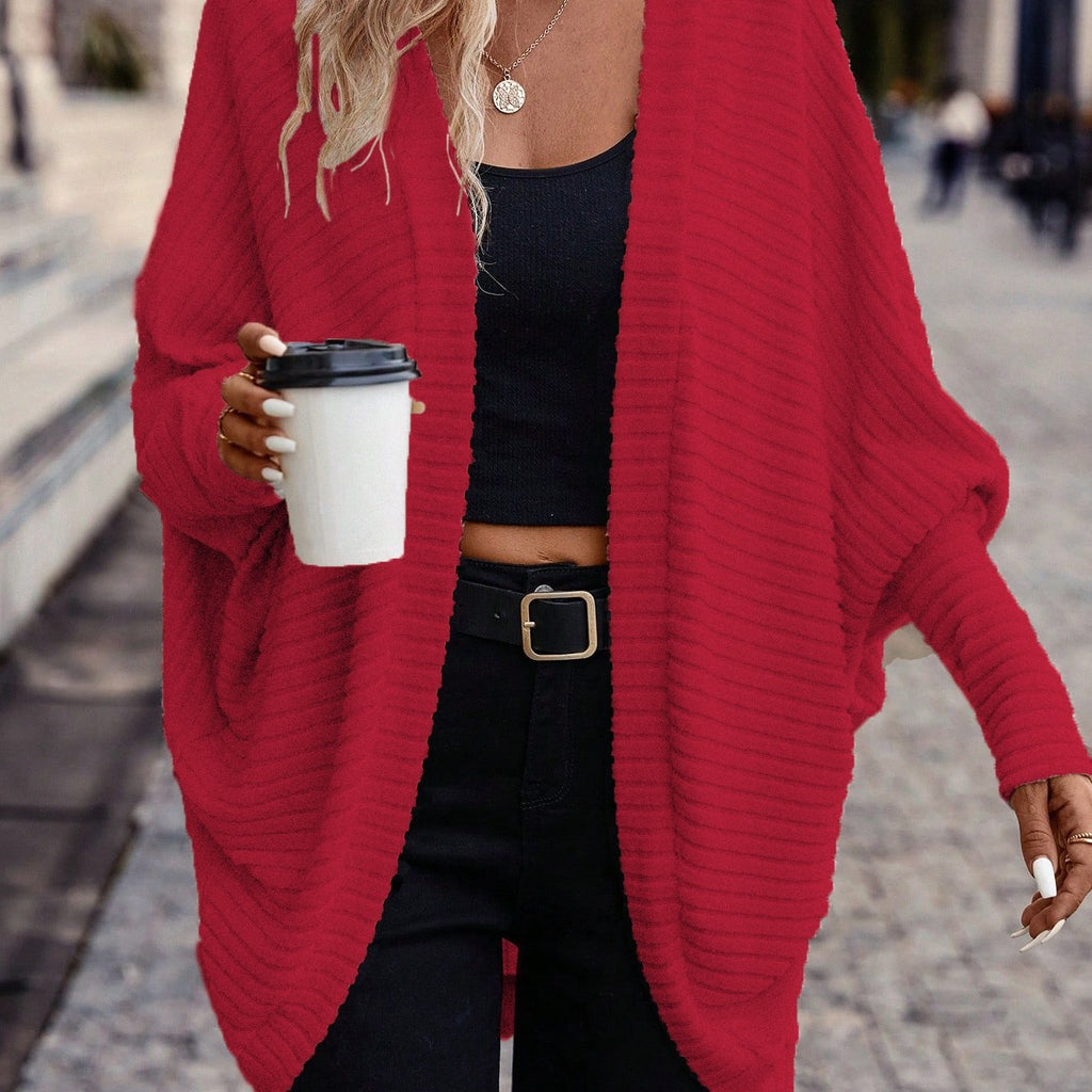 Cardigan with Rib Texture and Batwing Sleeves for Womens