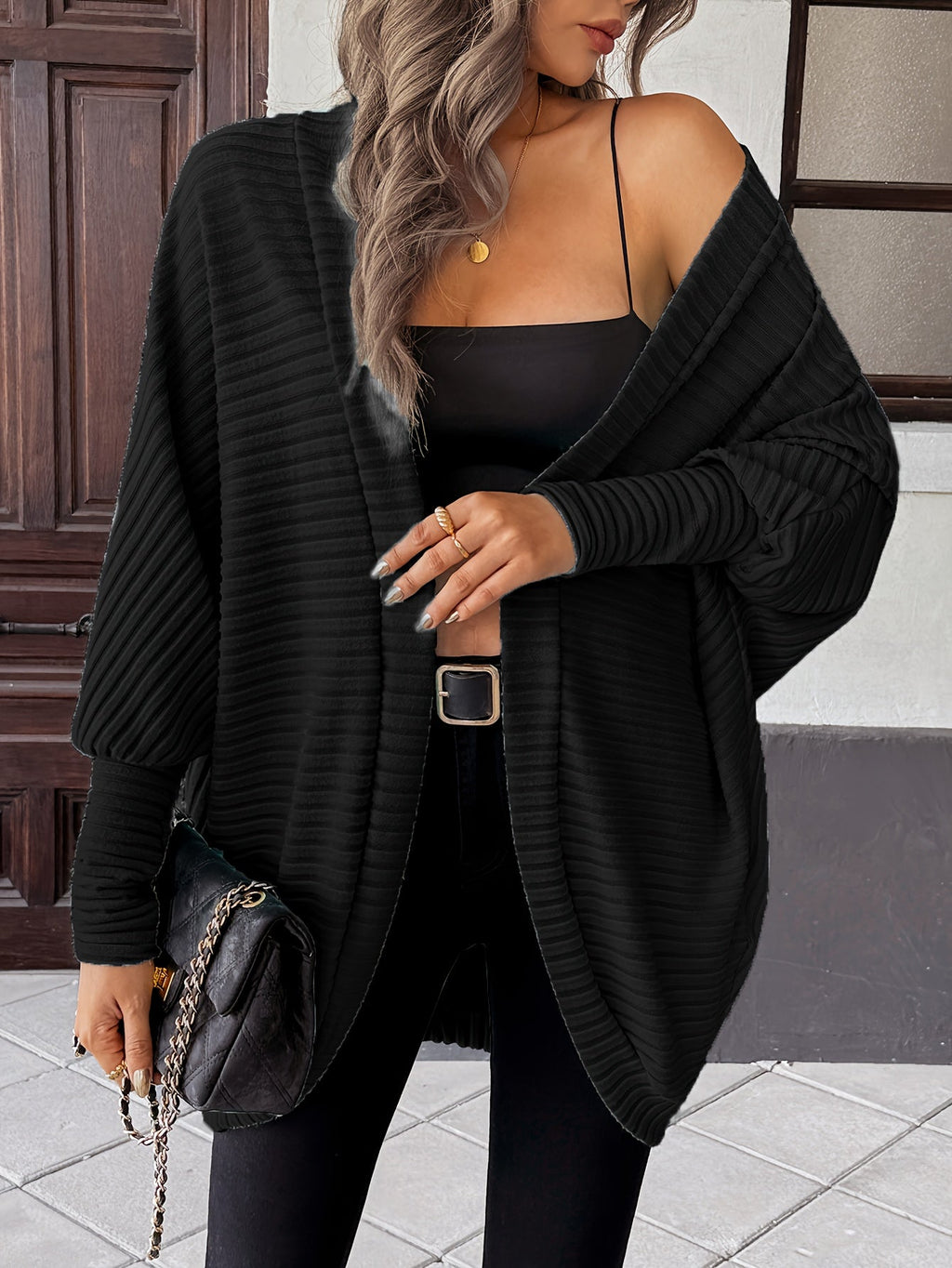 Cardigan with Rib Texture and Batwing Sleeves for Womens