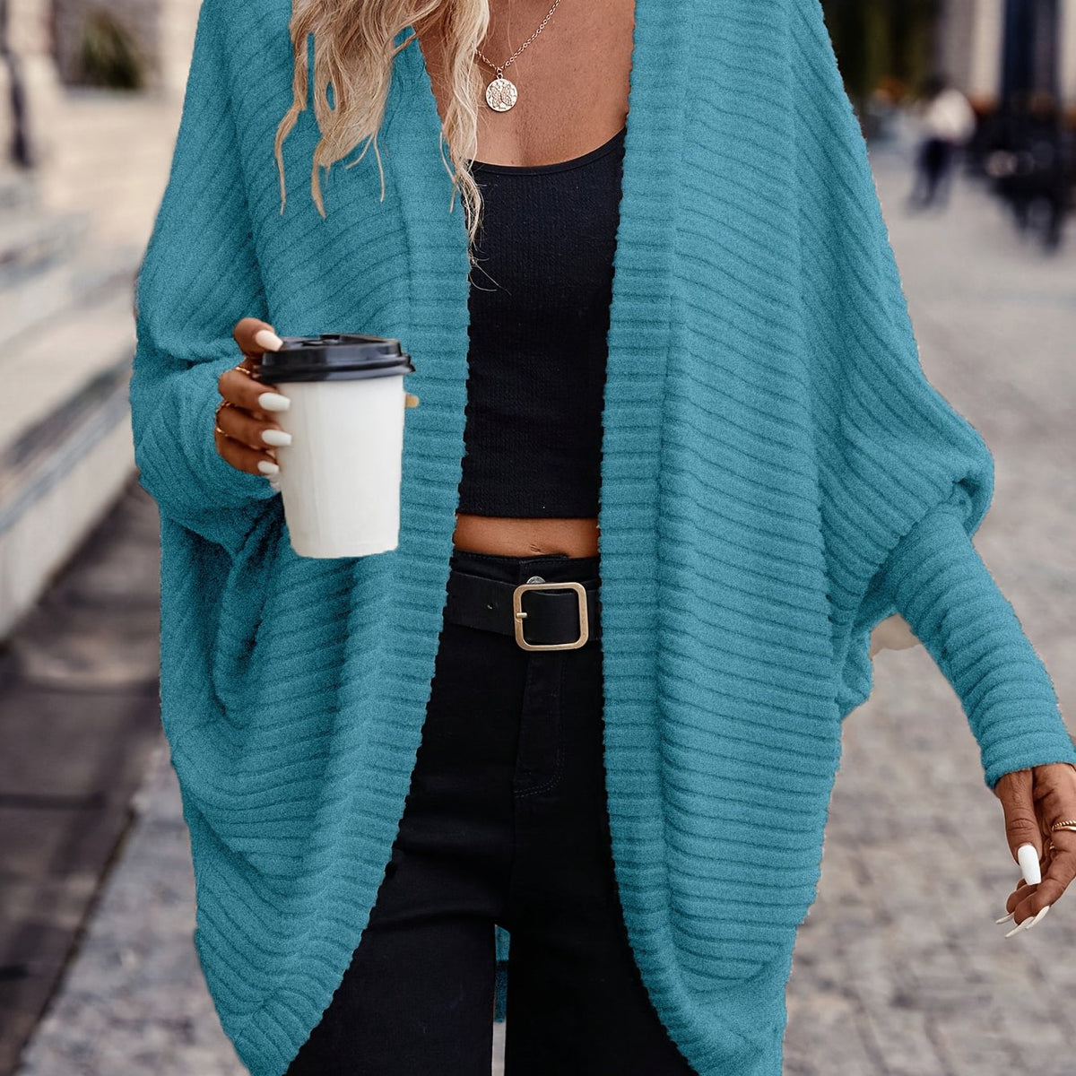 Cardigan with Rib Texture and Batwing Sleeves for Womens
