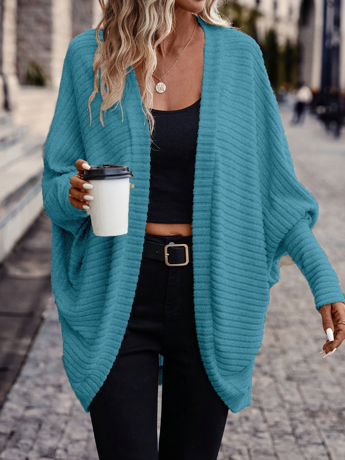 Cardigan with Rib Texture and Batwing Sleeves for Womens
