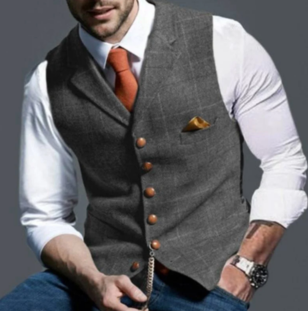 Check Waistcoat with Notch Lapels and Tailored Fit for Men