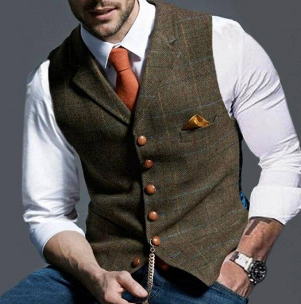Check Waistcoat with Notch Lapels and Tailored Fit for Men