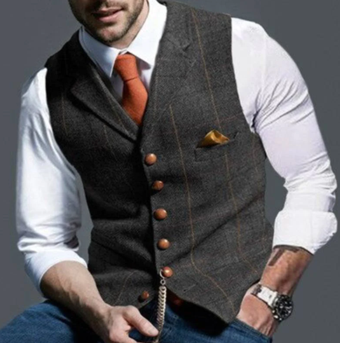 Check Waistcoat with Notch Lapels and Tailored Fit for Men