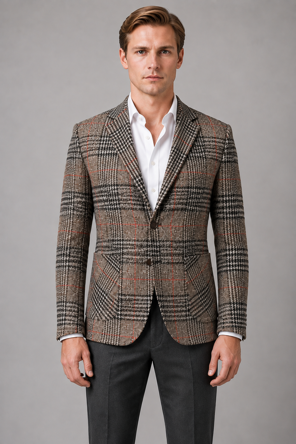 Checked Tweed Blazer with Notch Lapels and Pockets for Men
