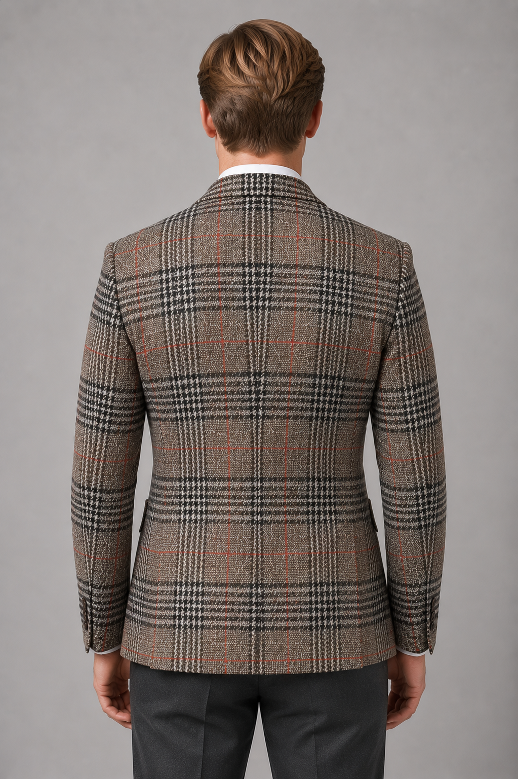 Checked Tweed Blazer with Notch Lapels and Pockets for Men