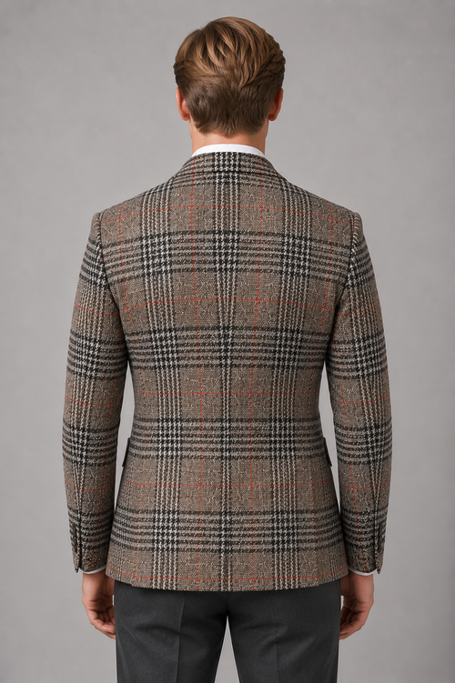 Checked Tweed Blazer with Notch Lapels and Pockets for Men