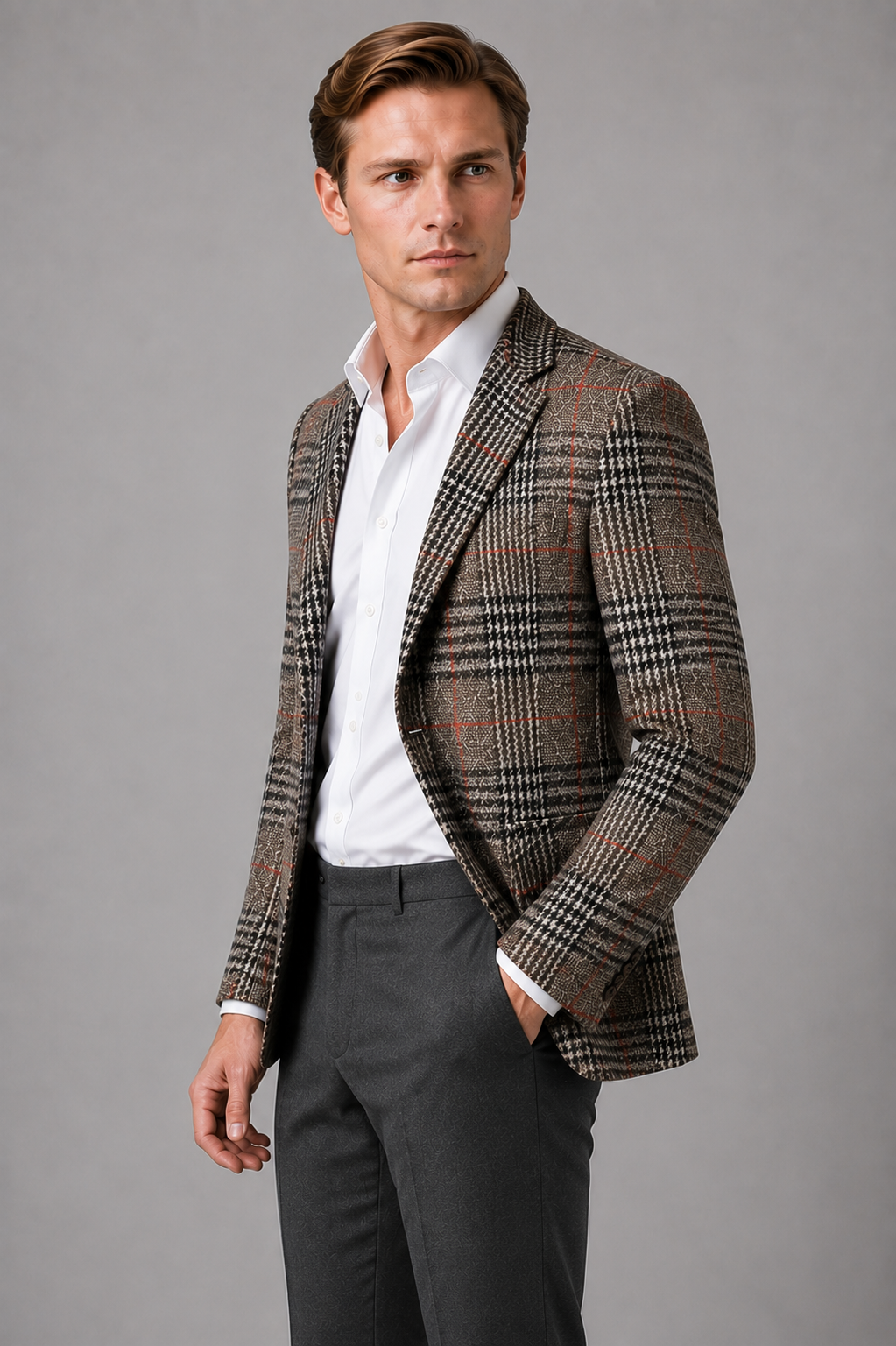 Checked Tweed Blazer with Notch Lapels and Pockets for Men