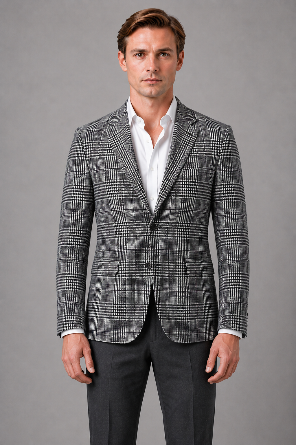 Checked Tweed Blazer with Notch Lapels and Pockets for Men