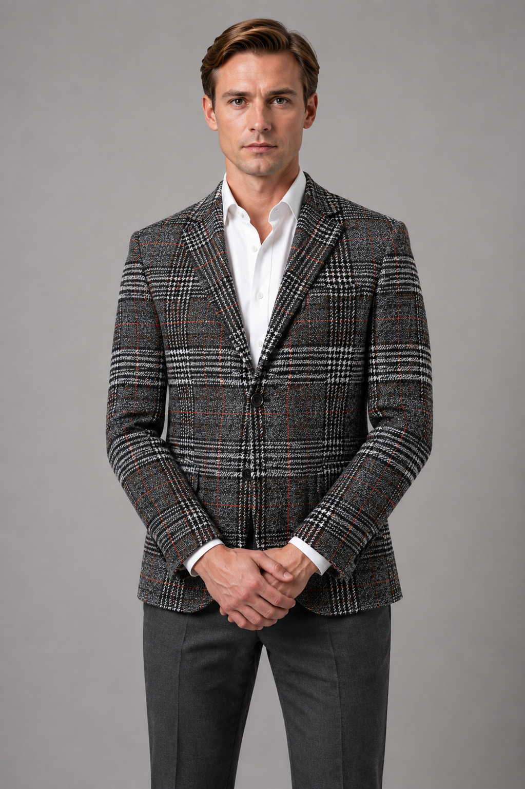 Checked Tweed Blazer with Notch Lapels and Pockets for Men