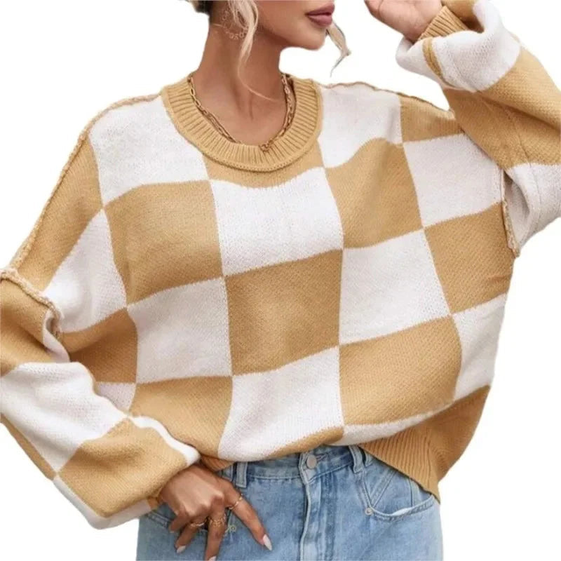 Checkered Knit Pullover with Ribbed Cuffs for Women