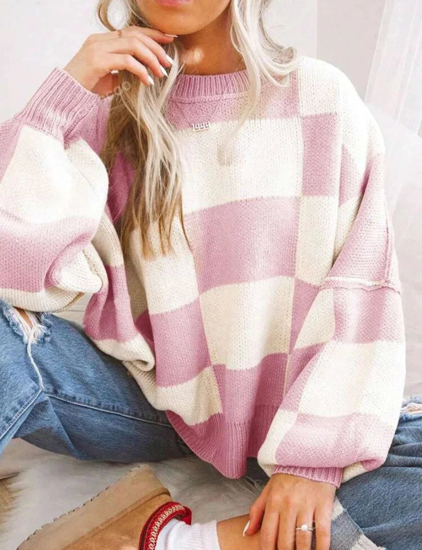 Checkered Knit Pullover with Ribbed Cuffs for Women