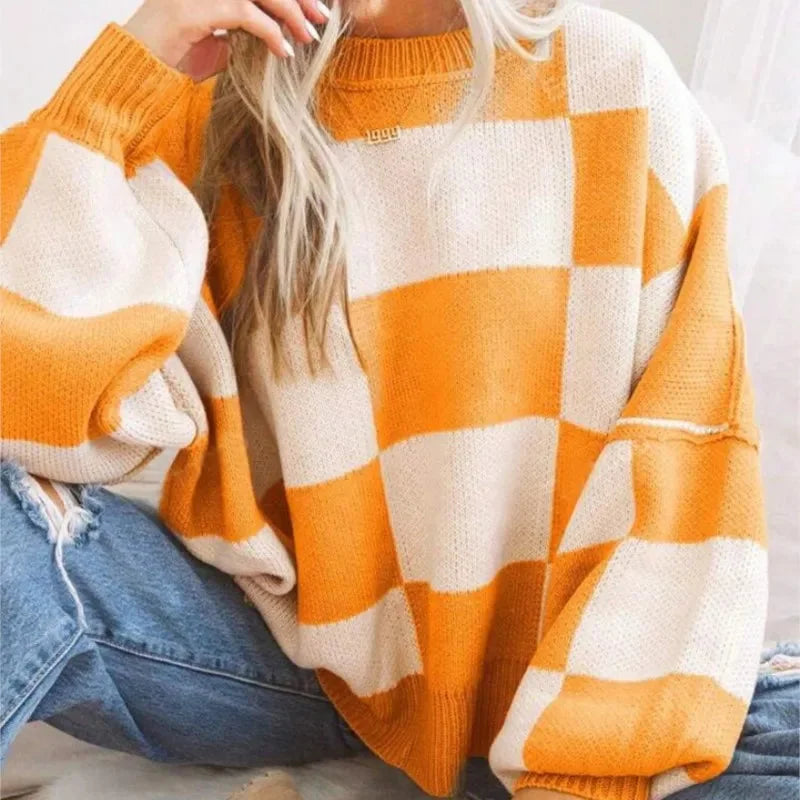 Checkered Knit Pullover with Ribbed Cuffs for Women