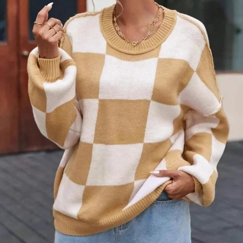 Checkered Knit Pullover with Ribbed Cuffs for Women
