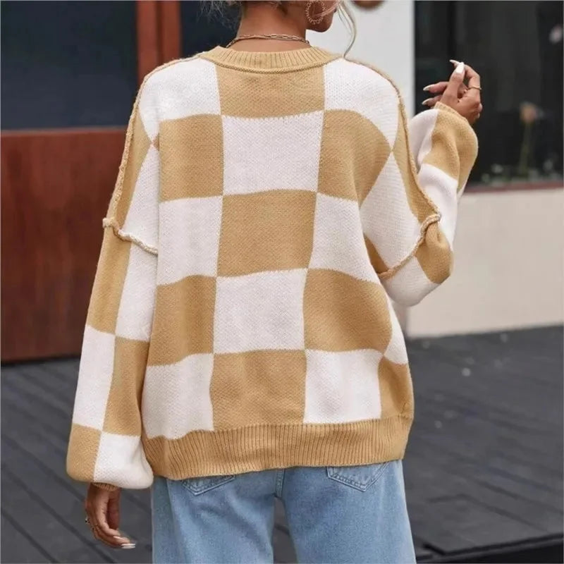 Checkered Knit Pullover with Ribbed Cuffs for Women