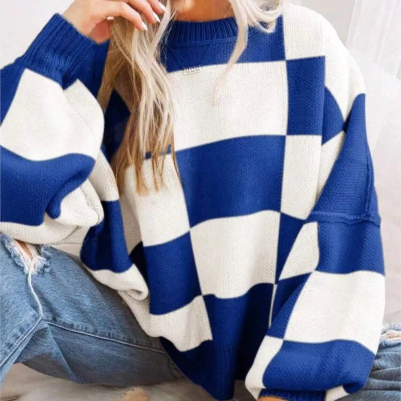 Checkered Knit Pullover with Ribbed Cuffs for Women