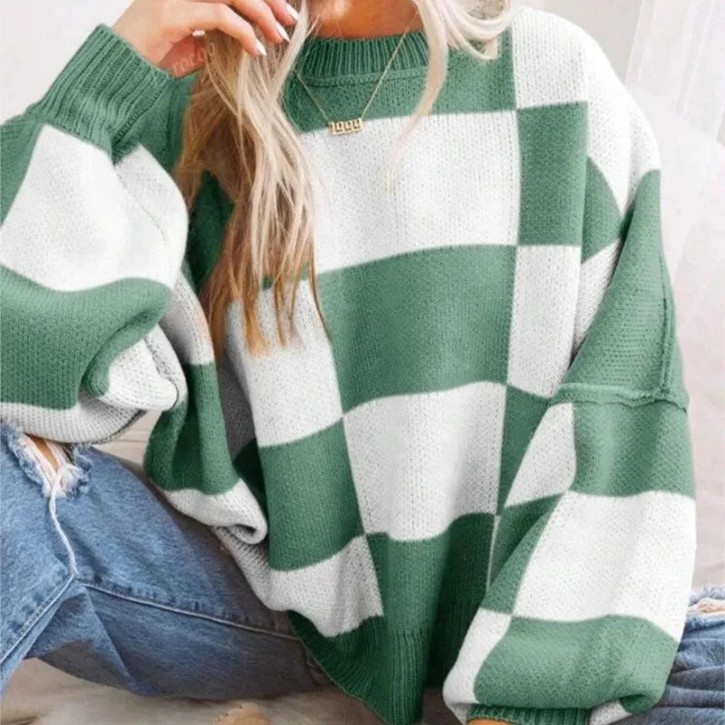 Checkered Knit Pullover with Ribbed Cuffs for Women