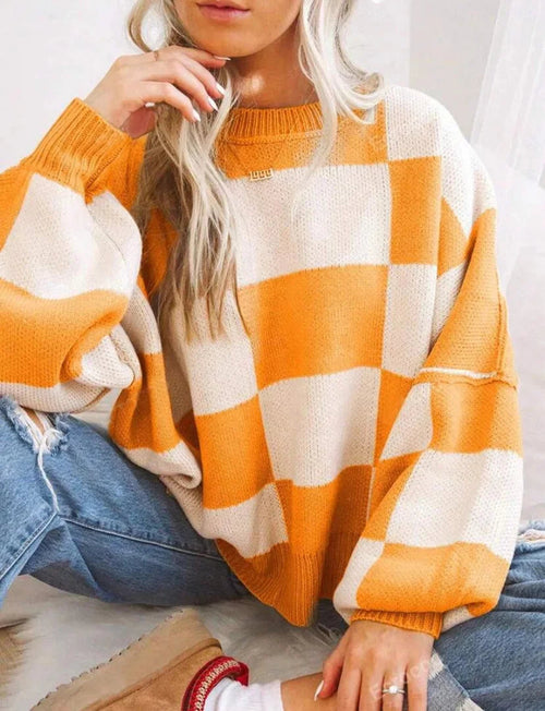 Checkered Knit Pullover with Ribbed Cuffs for Women