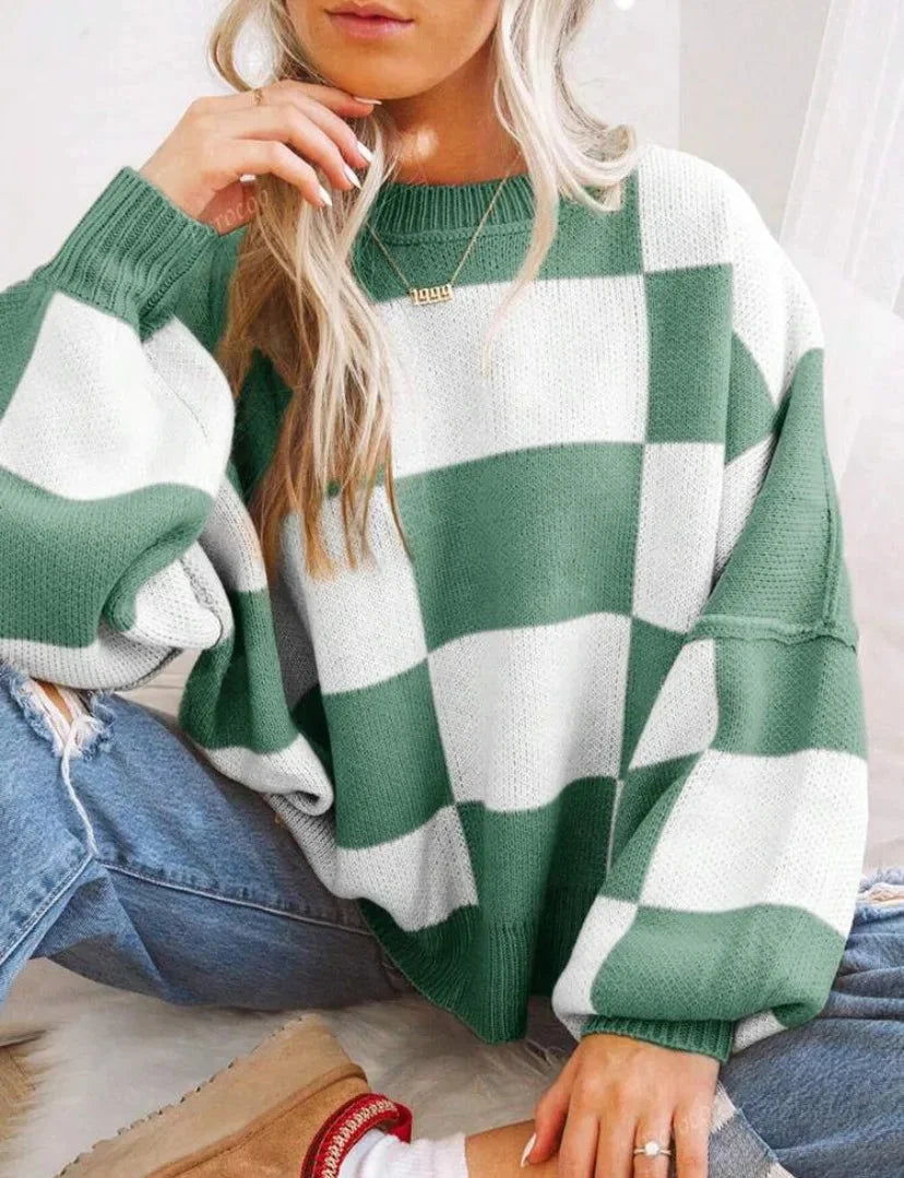 Checkered Knit Pullover with Ribbed Cuffs for Women
