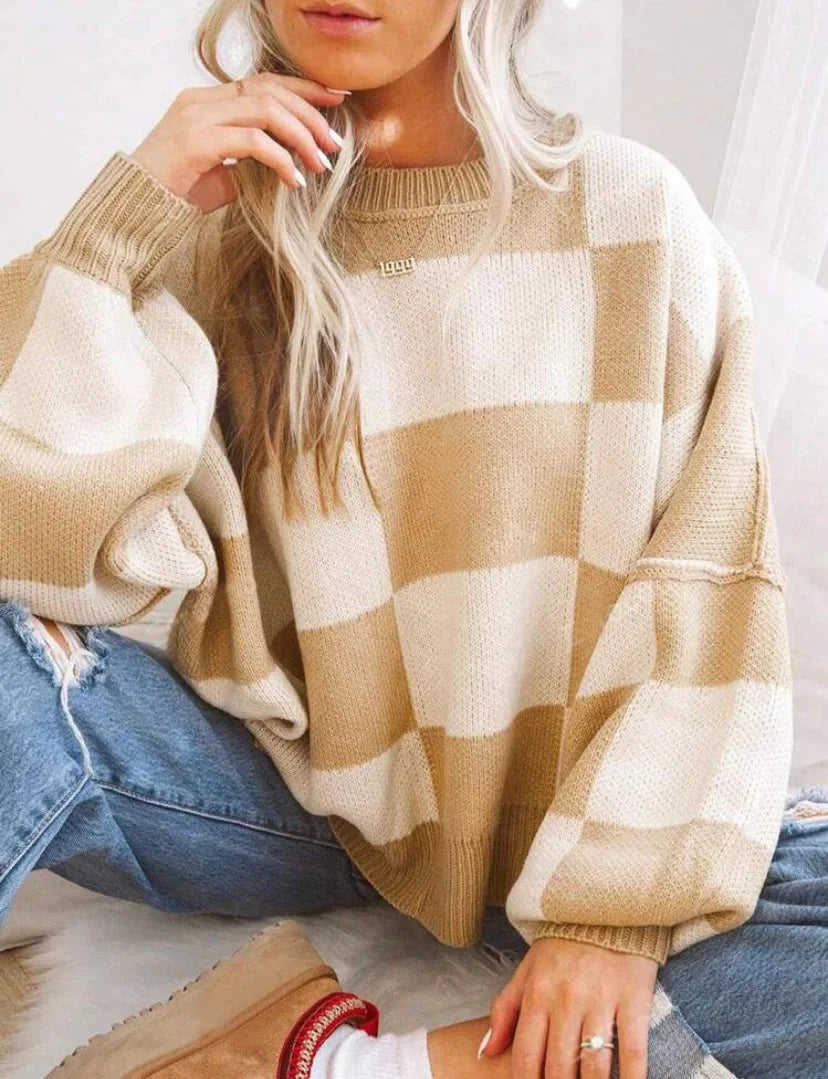 Checkered Knit Pullover with Ribbed Cuffs for Women