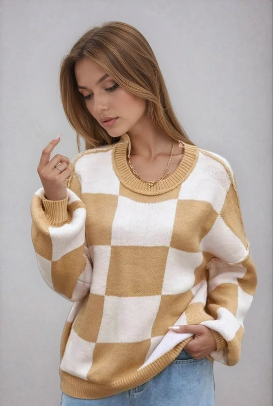 Checkered Knit Pullover with Ribbed Cuffs for Women