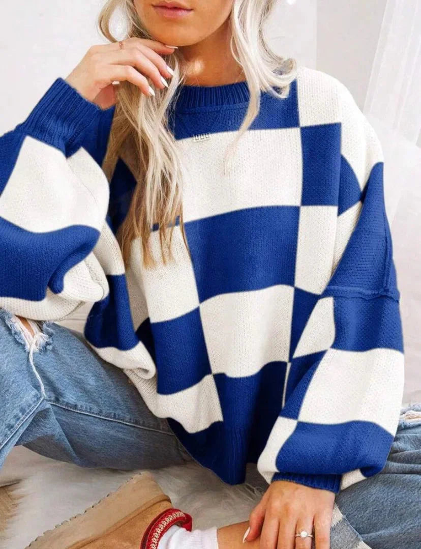 Checkered Knit Pullover with Ribbed Cuffs for Women