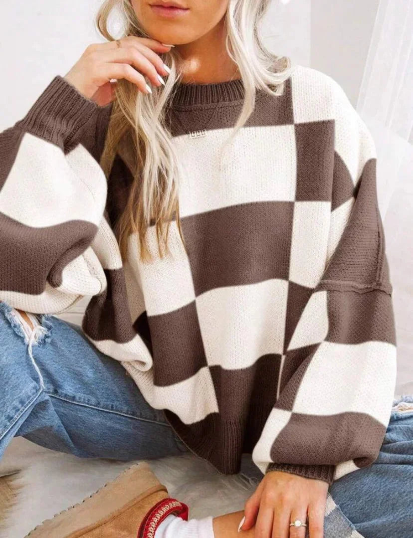 Checkered Knit Pullover with Ribbed Cuffs for Women