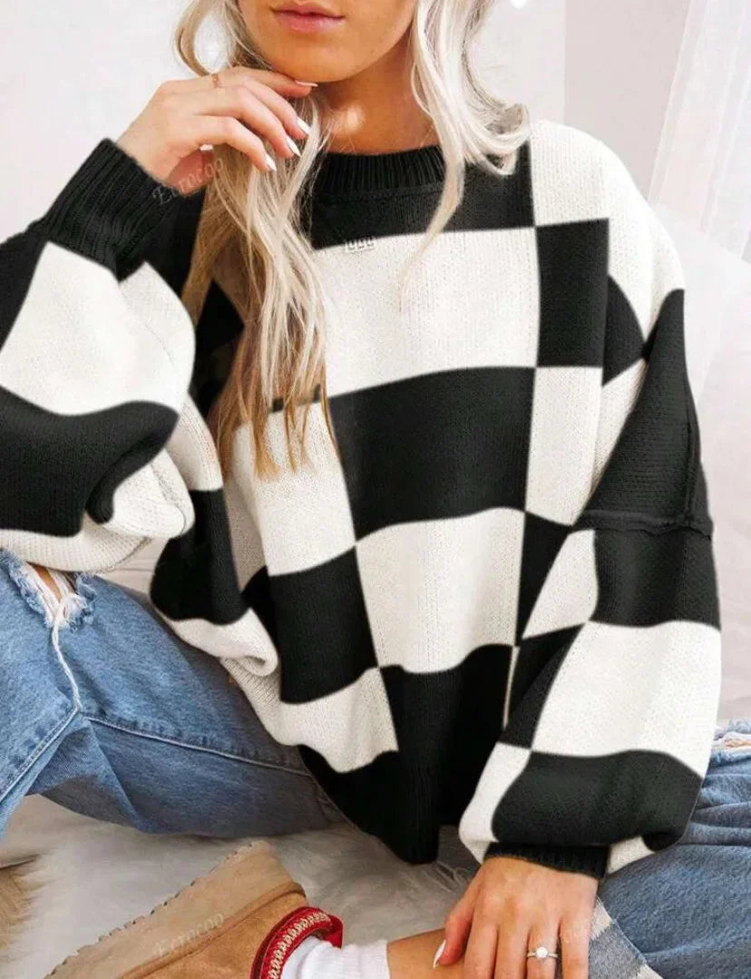 Checkered Knit Pullover with Ribbed Cuffs for Women