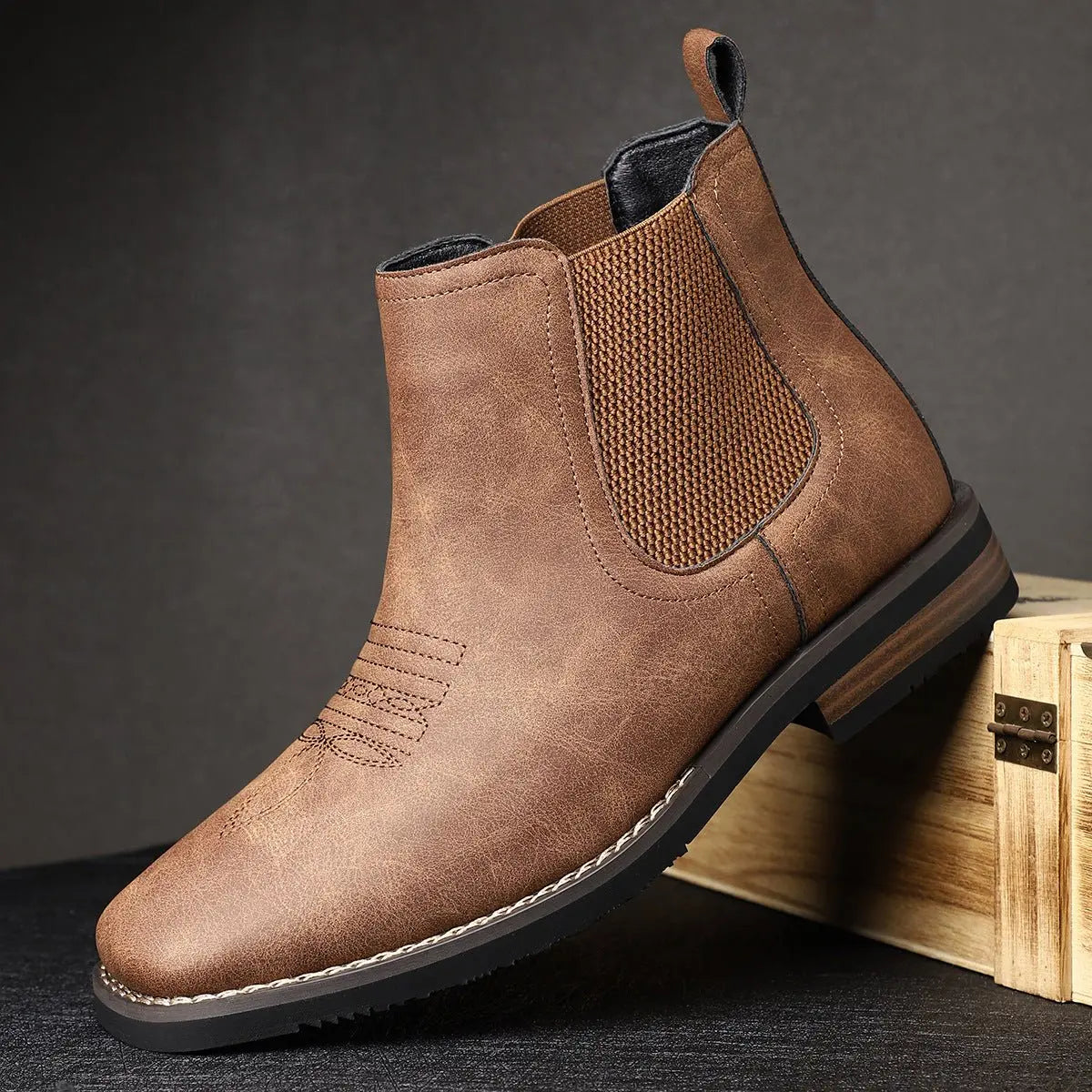Chelsea Boots with Western Stitch and Block Heel for Men