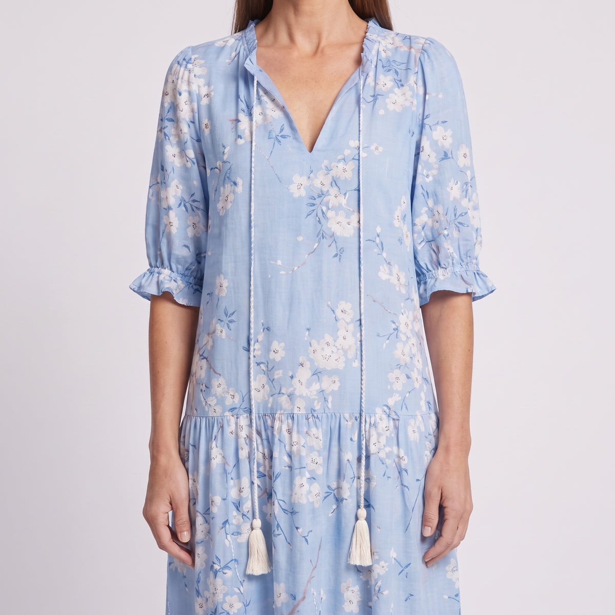 Floral Maxi Dress with Tassel Tie Neckline for Women