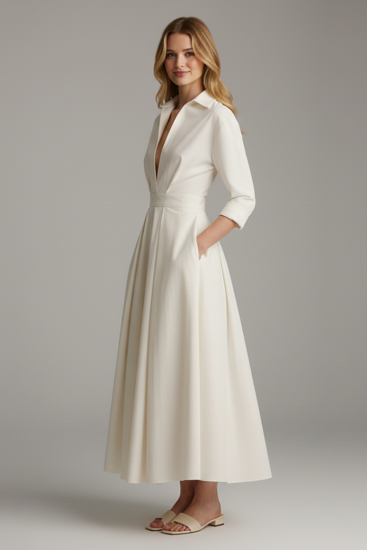 Collared Midi Dress with Defined Waistline for Women