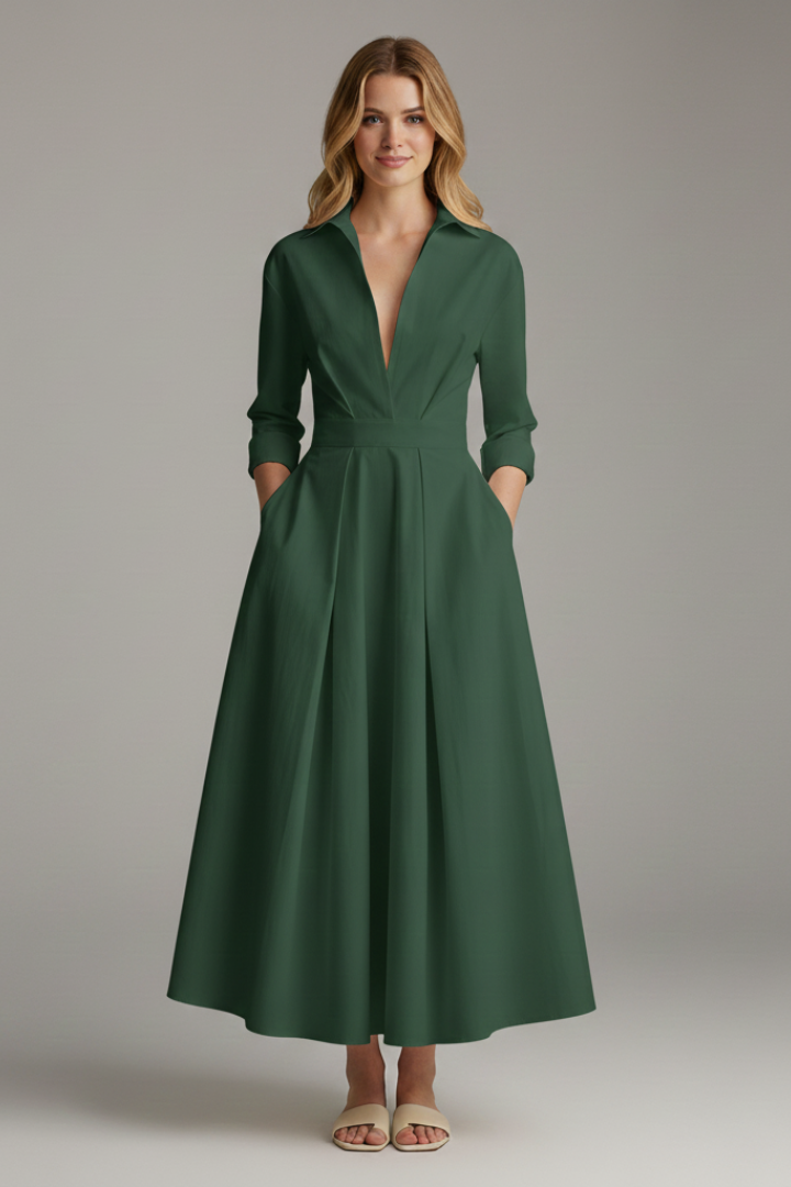 Collared Midi Dress with Defined Waistline for Women