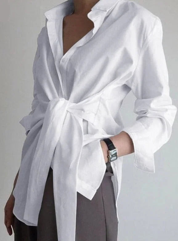 Collared Blouse with Adjustable Tie Belt for Women