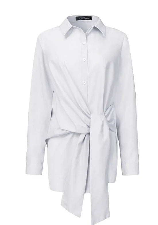 Collared Blouse with Adjustable Tie Belt for Women