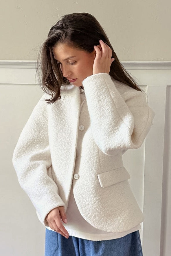 Collarless Blazer with Textured Cocoon Sleeves for Womens