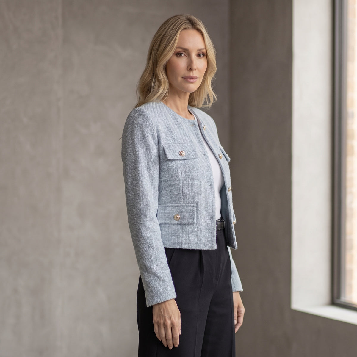 Collarless Cropped Blazer with Four Flap Pockets for Women
