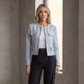 Collarless Cropped Blazer with Four Flap Pockets for Women