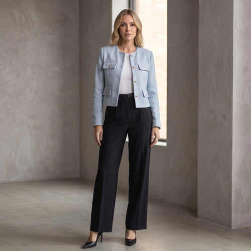 Collarless Cropped Blazer with Four Flap Pockets for Women
