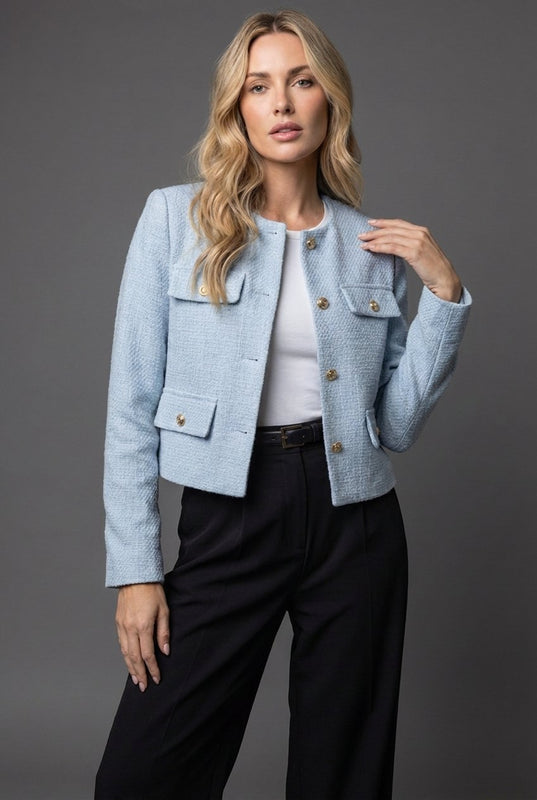 Collarless Cropped Blazer with Four Flap Pockets for Women