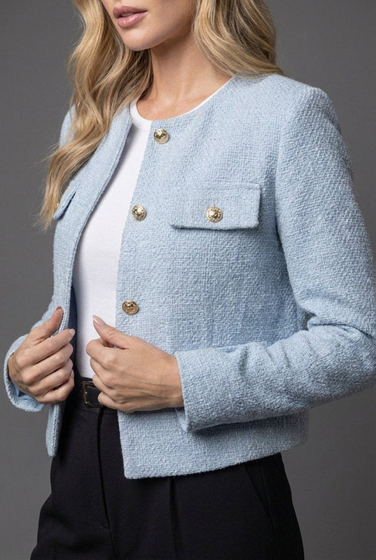 Collarless Cropped Blazer with Four Flap Pockets for Women