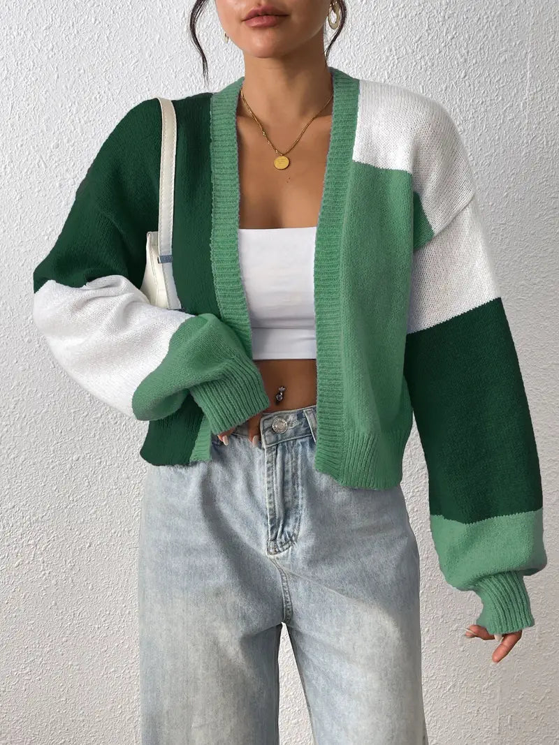Color-Block Cardigan with Ribbed Cuffs for Women