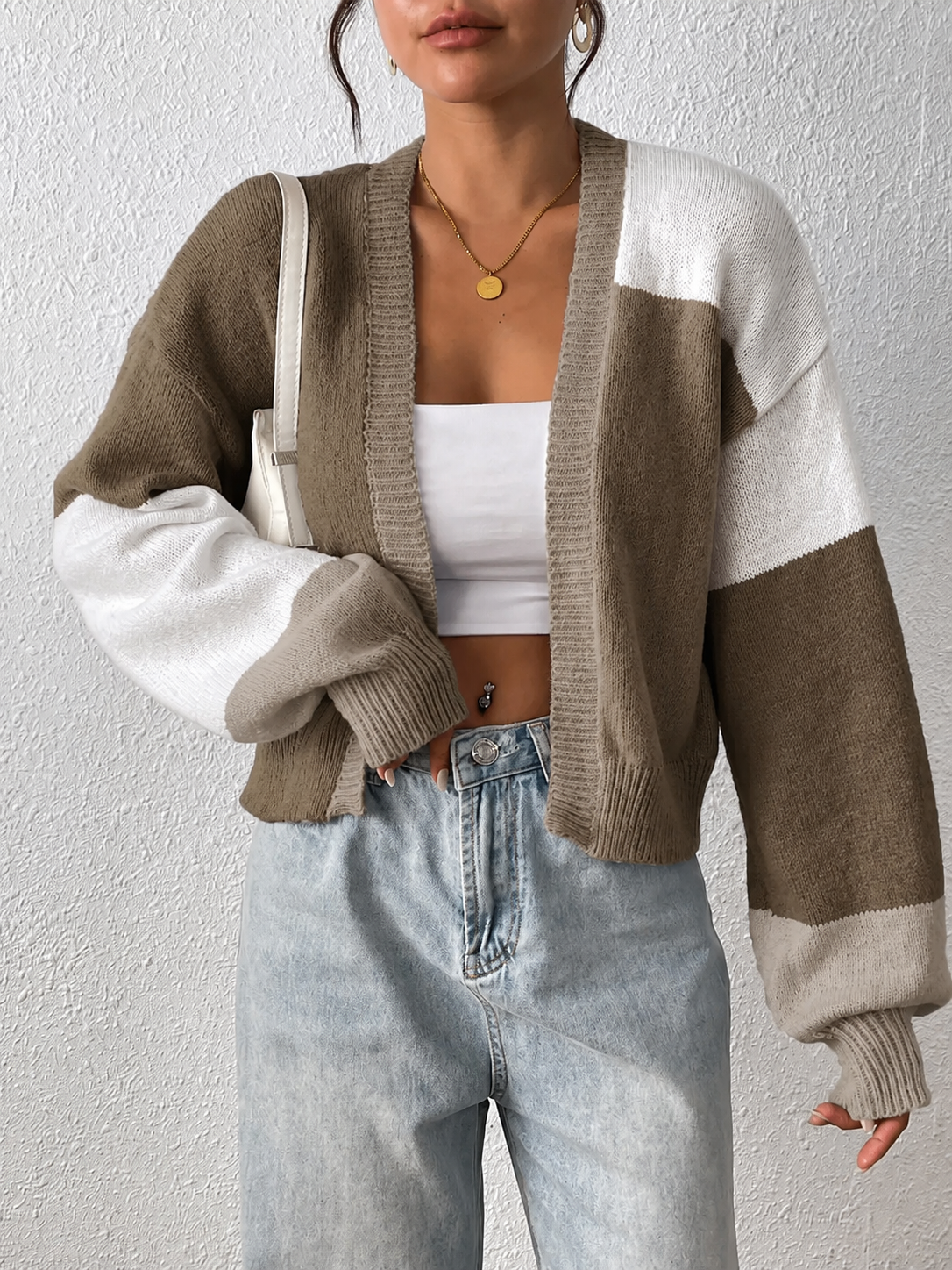 Color-Block Cardigan with Ribbed Cuffs for Women