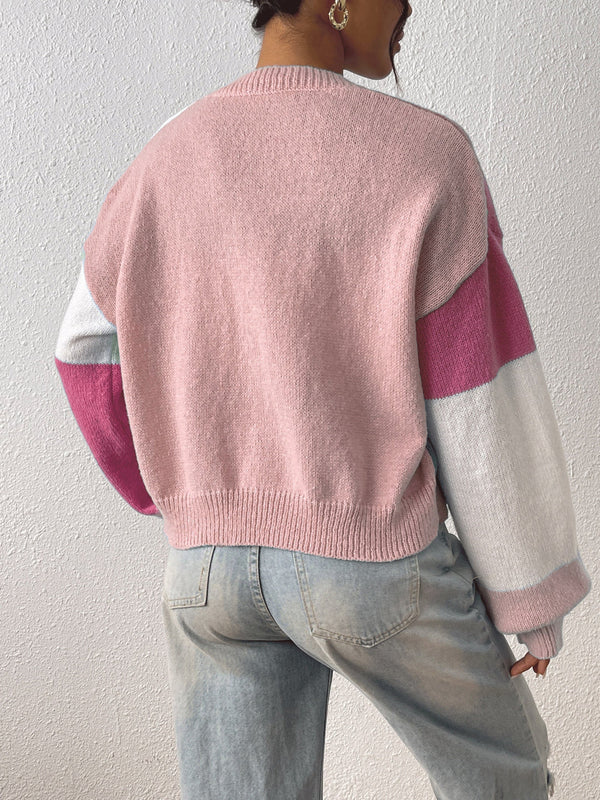 Color-Block Cardigan with Ribbed Cuffs for Women