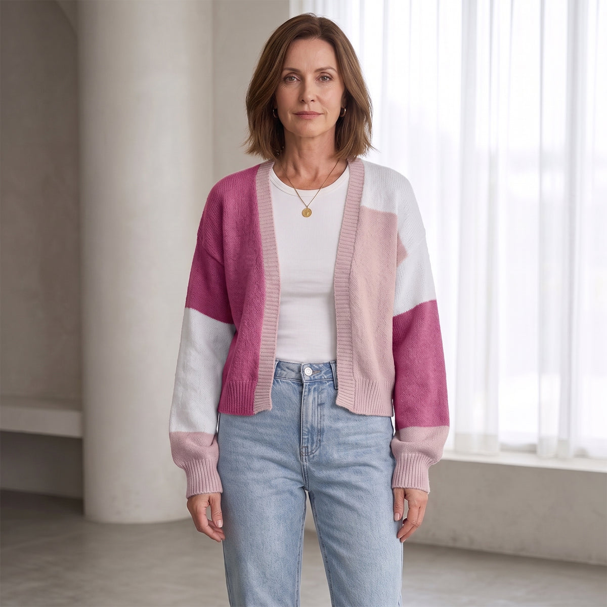 Color-Block Cardigan with Ribbed Cuffs for Women