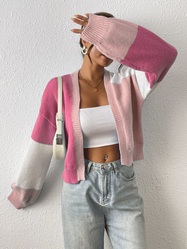 Color-Block Cardigan with Ribbed Cuffs for Women