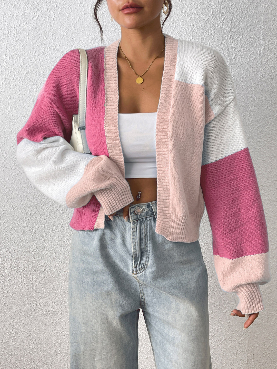 Color-Block Cardigan with Ribbed Cuffs for Women