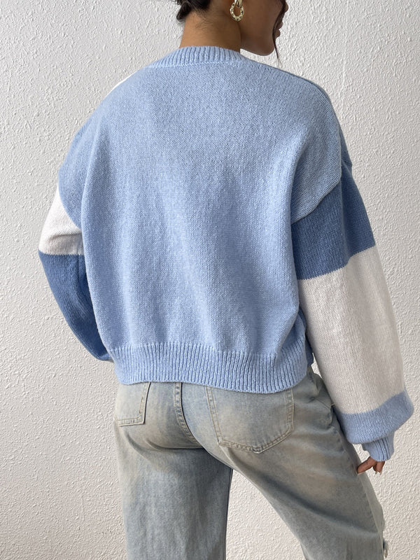 Color-Block Cardigan with Ribbed Cuffs for Women