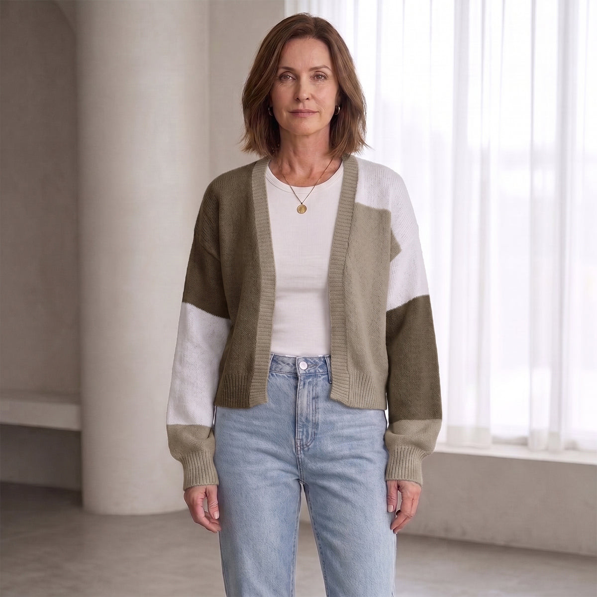 Color-Block Cardigan with Ribbed Cuffs for Women