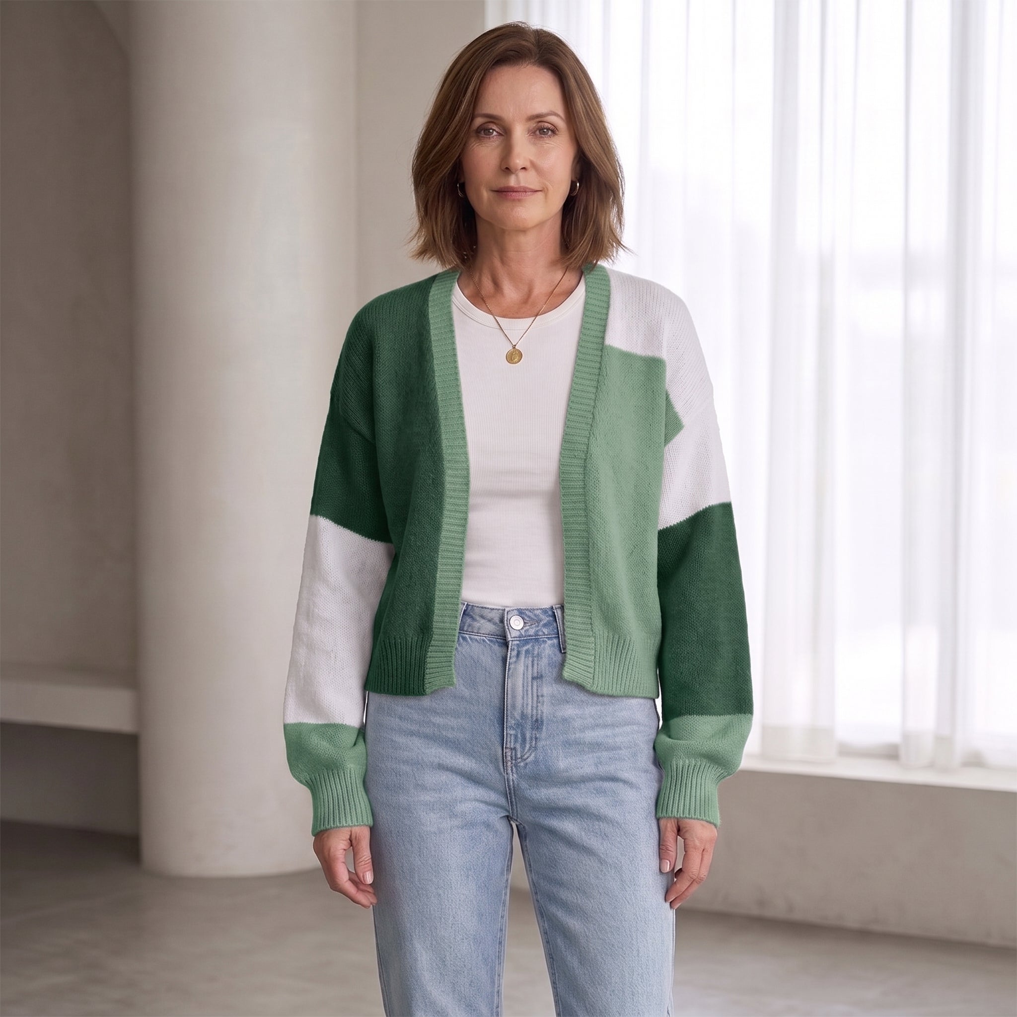 Color-Block Cardigan with Ribbed Cuffs for Women